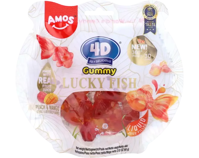 AMOS 4D Gummibärchen-Glücksfische – Pfirsich & Mango 60g