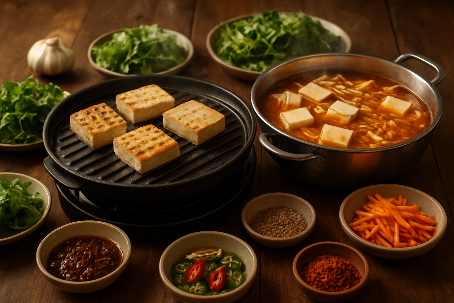 Koreanischer Grill mit verschiedenen Tofu-Sorten und Hot Pot in einer gemütlichen Küchenszene
