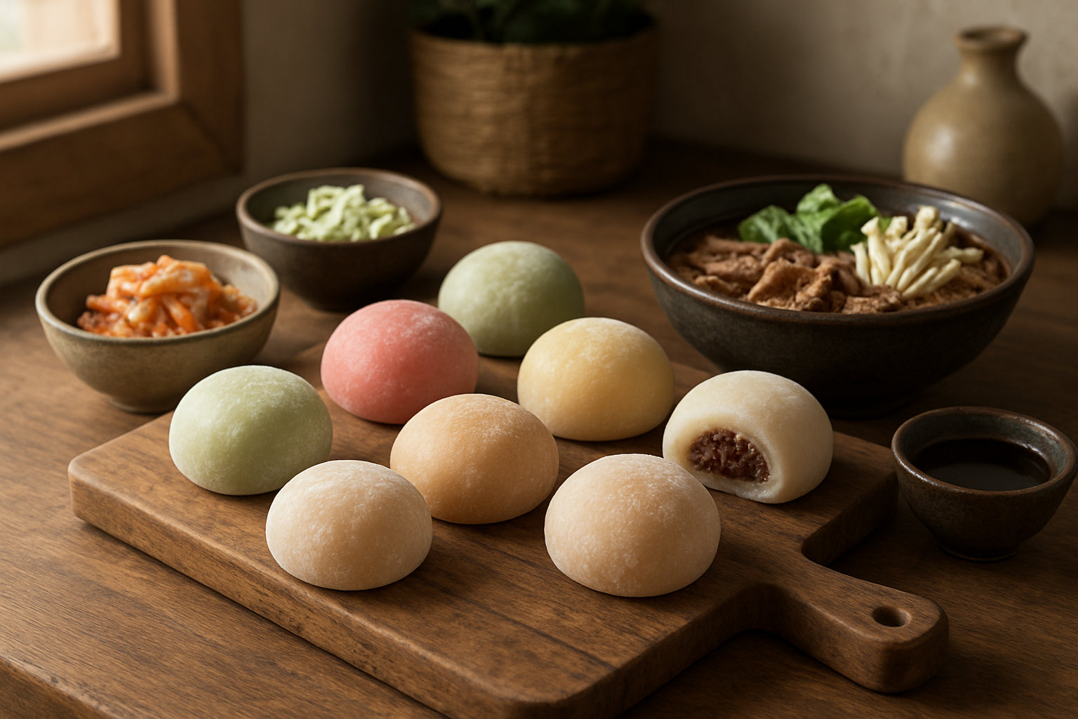 Verschiedene Mochi-Variationen auf Holzbrett mit koreanischen Grillzutaten und Hot Pot in natürlicher Küchenszene
