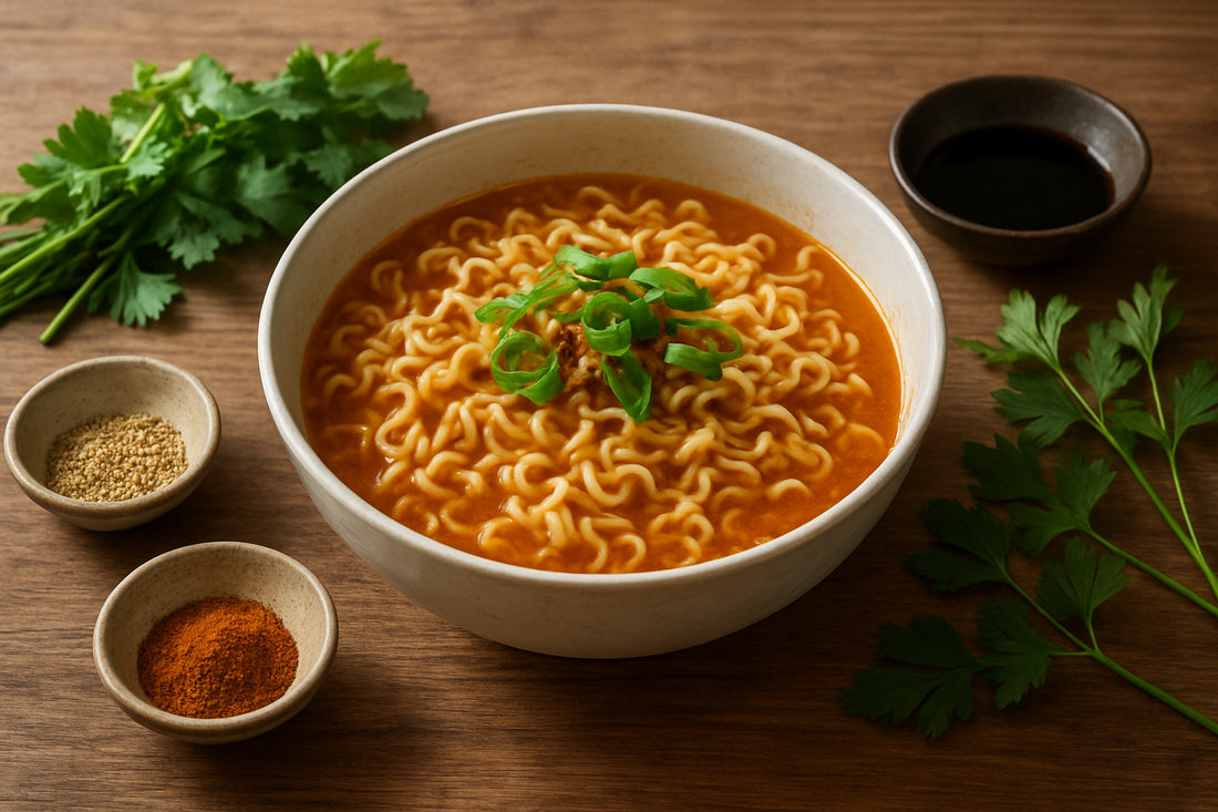 Schüssel koreanischer Instant-Nudeln mit Kräutern und Gewürzen auf Holztisch in natürlichem Licht