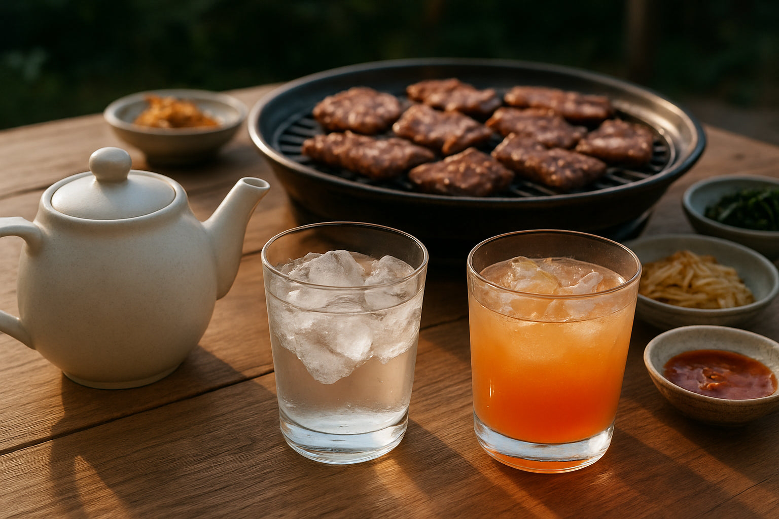 Koreanischer Grillabend mit asiatischen Getränken wie Soju, Jasmintee und Fruchtgetränken auf einem Holztisch im Freien.