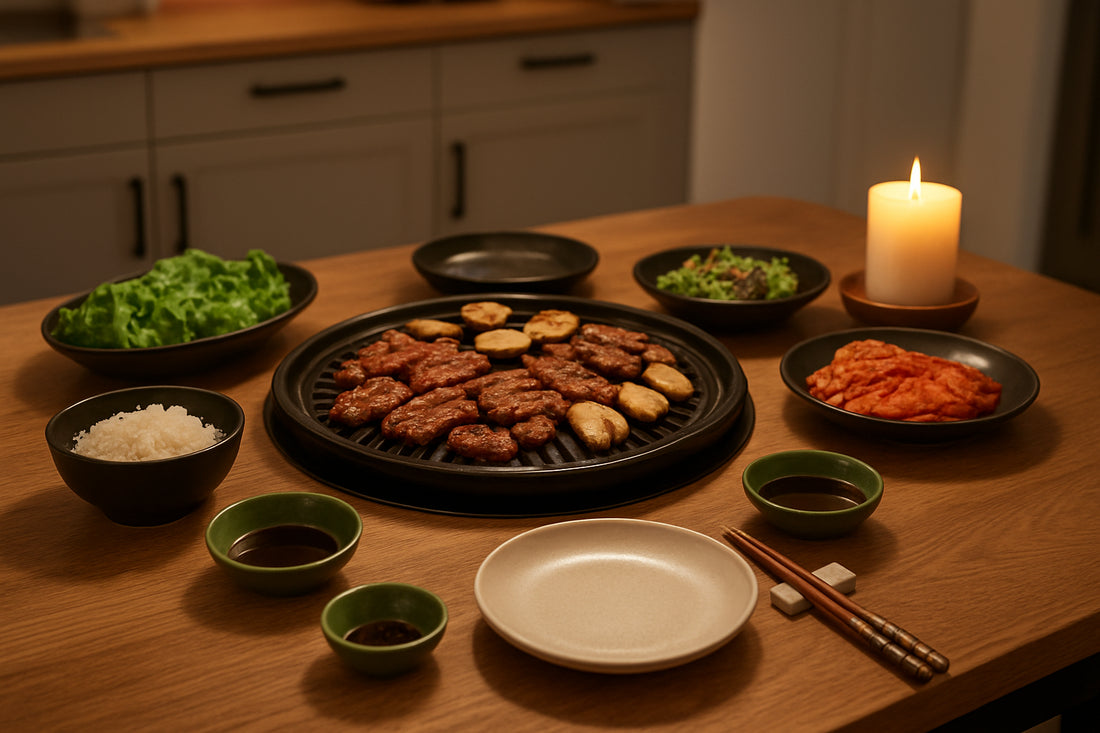 Koreanische Grill-Tischszene mit Keramikgeschirr, Essstäbchen-Set und stimmungsvoller Tischdeko