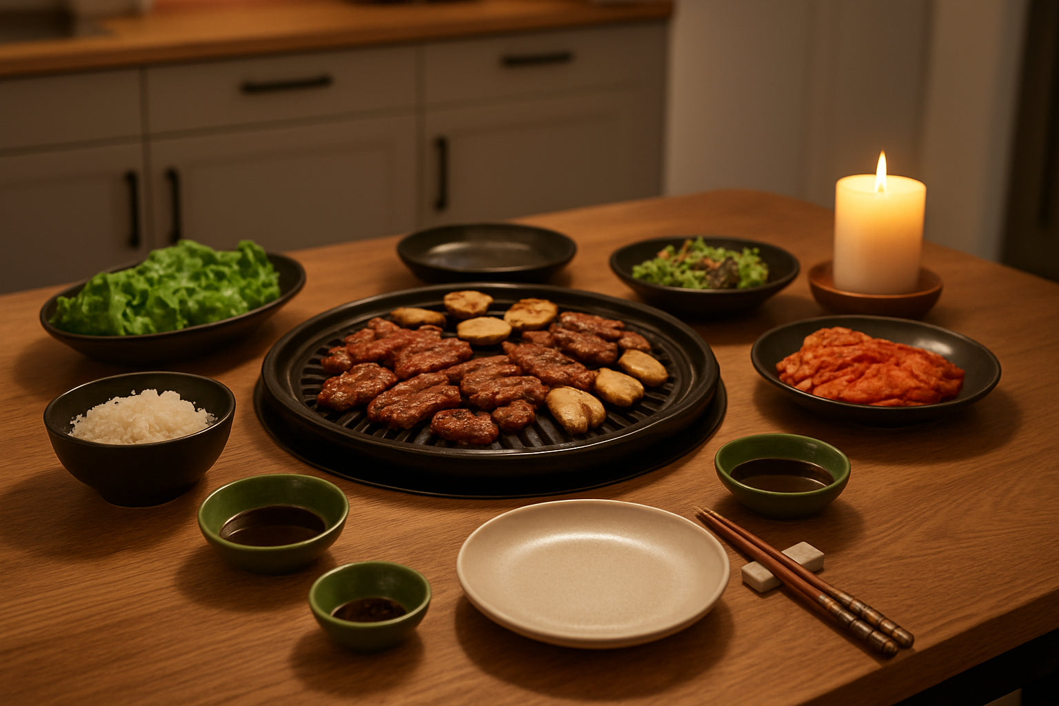 Koreanische Grill-Tischszene mit Keramikgeschirr, Essstäbchen-Set und stimmungsvoller Tischdeko