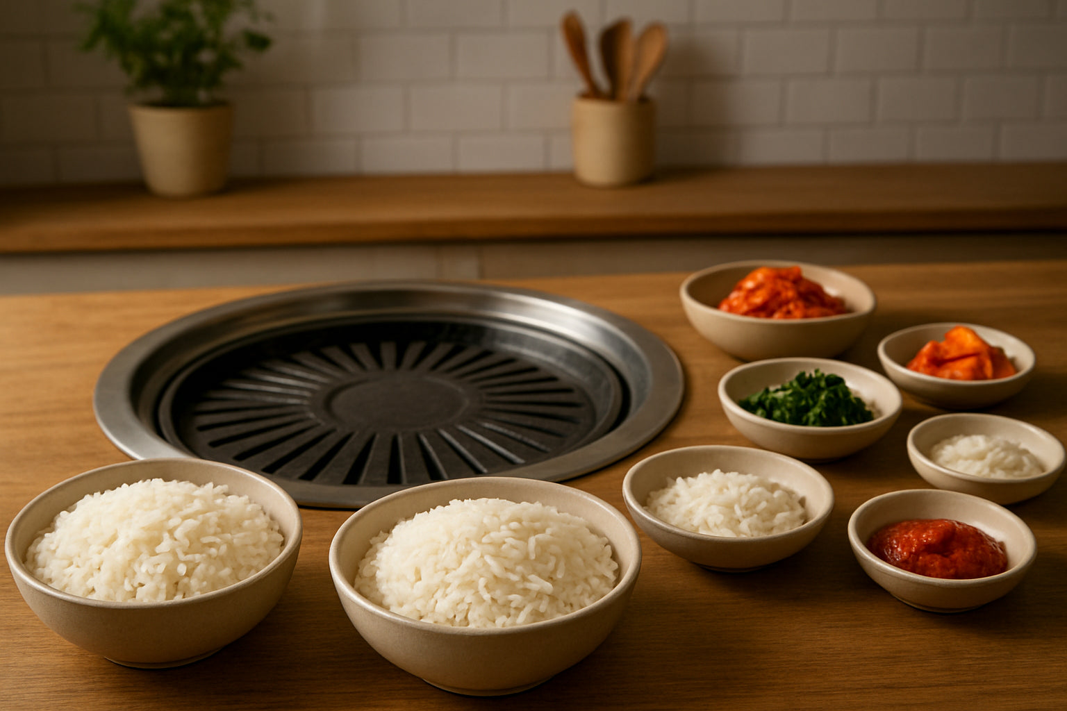 Verschiedene asiatische Reissorten und Beilagen auf einem koreanischen Grilltisch in einer natürlichen Küchenszene