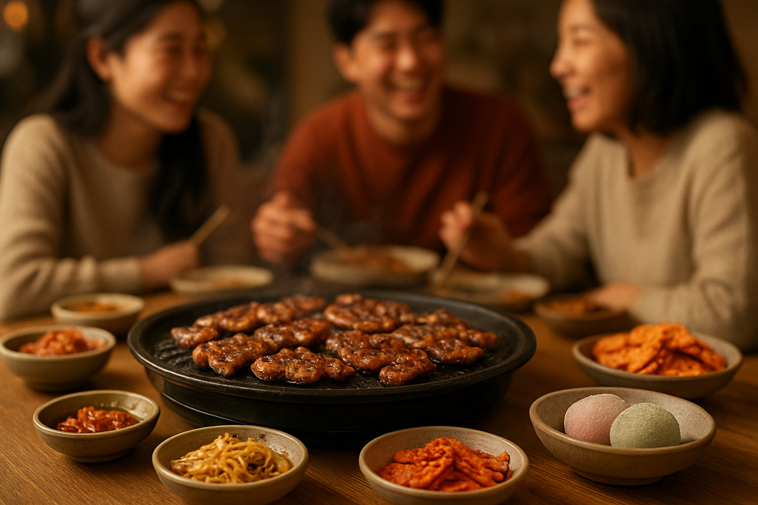 Koreanischer Grillabend mit gegrilltem Fleisch, koreanischen Beilagen und asiatischen Snacks auf einem Holztisch in gemütlicher Atmosphäre
