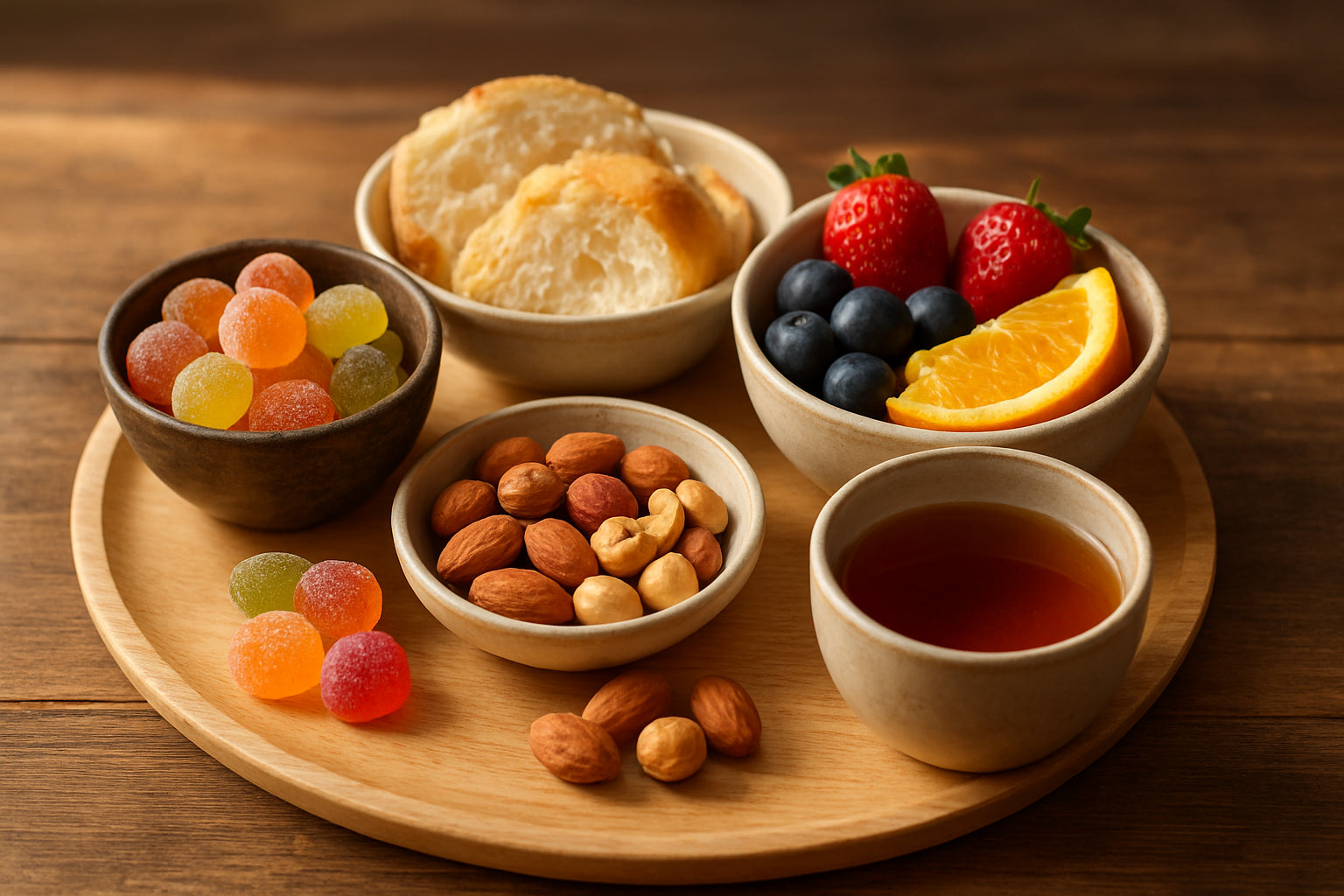 Asiatische Snacks wie Gelee-Bonbons und Hokkaido-Brot auf einer stilvollen Snackplatte mit Tee