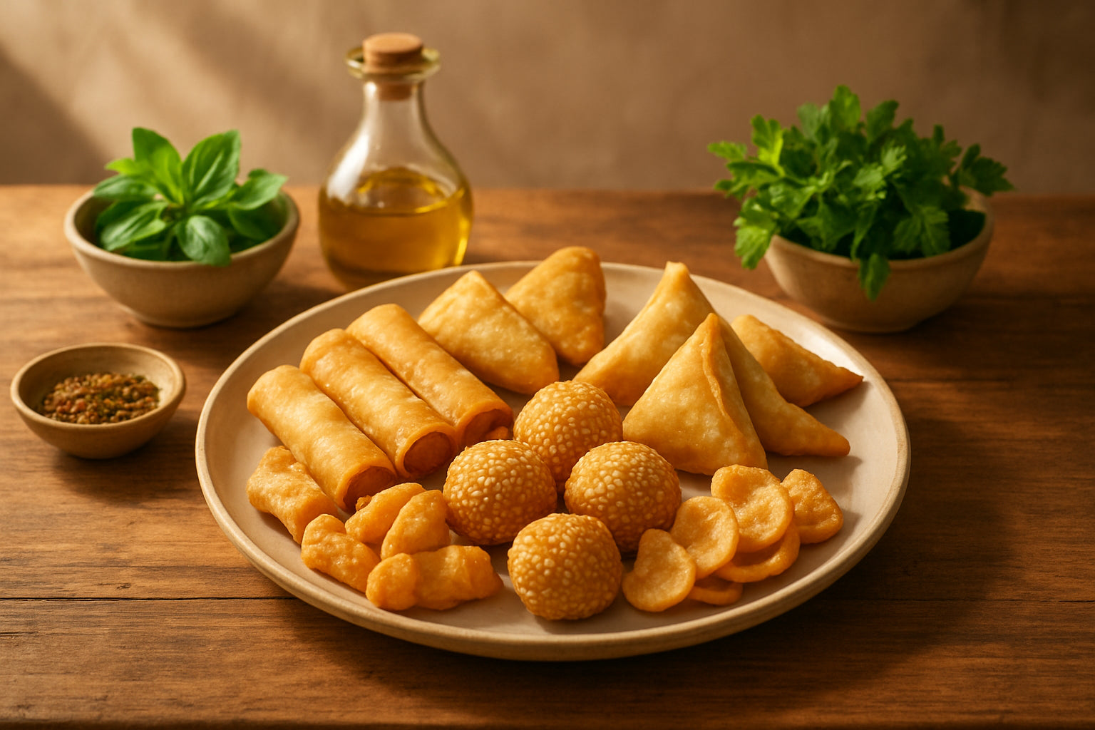 Asiatische Snacks kombiniert mit mediterranen Zutaten auf einem Holztisch in einer natürlichen Küchenszene