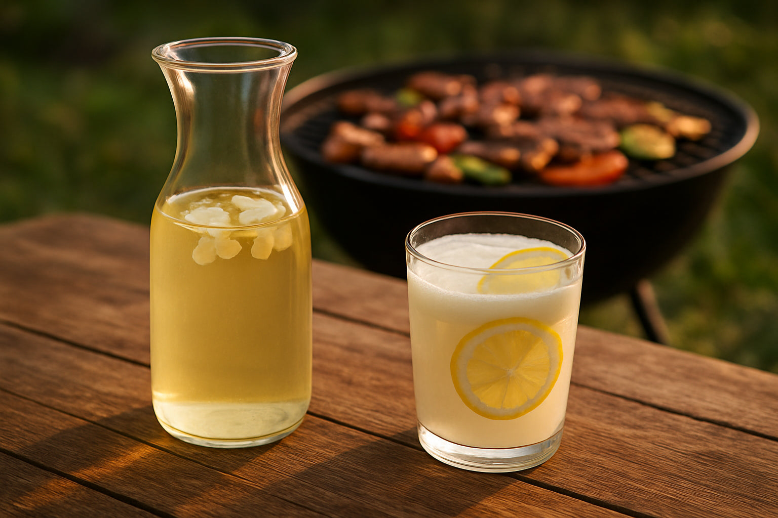 Koreanischer Grillabend mit Glas Karaffe Jasmintee und cremigem alkoholfreien Getränk auf rustikalem Holztisch