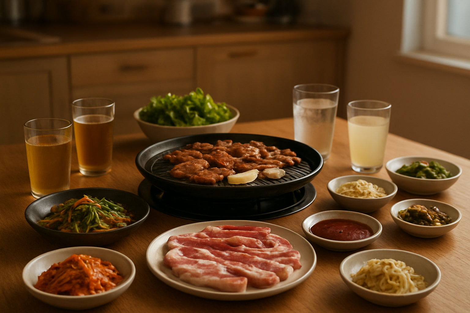 Koreanischer Grillabend mit traditionellen Speisen und alkoholfreien Getränken in einer gemütlichen Küchenszene