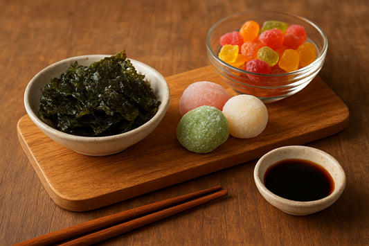Koreanische Snacks wie Seetang, Mochis und Gummibärchen in einer gemütlichen Küchenszene auf Holztisch angerichtet
