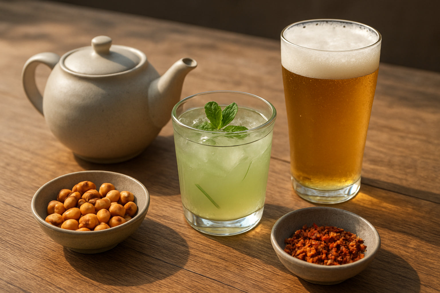 Asiatische Getränke-Pairing-Tischszene mit grünem Tee, Aloe Vera Drink, Bier und Snacks auf Holztisch