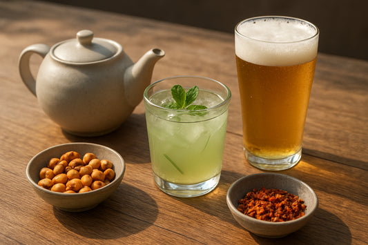 Asiatische Getränke-Pairing-Tischszene mit grünem Tee, Aloe Vera Drink, Bier und Snacks auf Holztisch