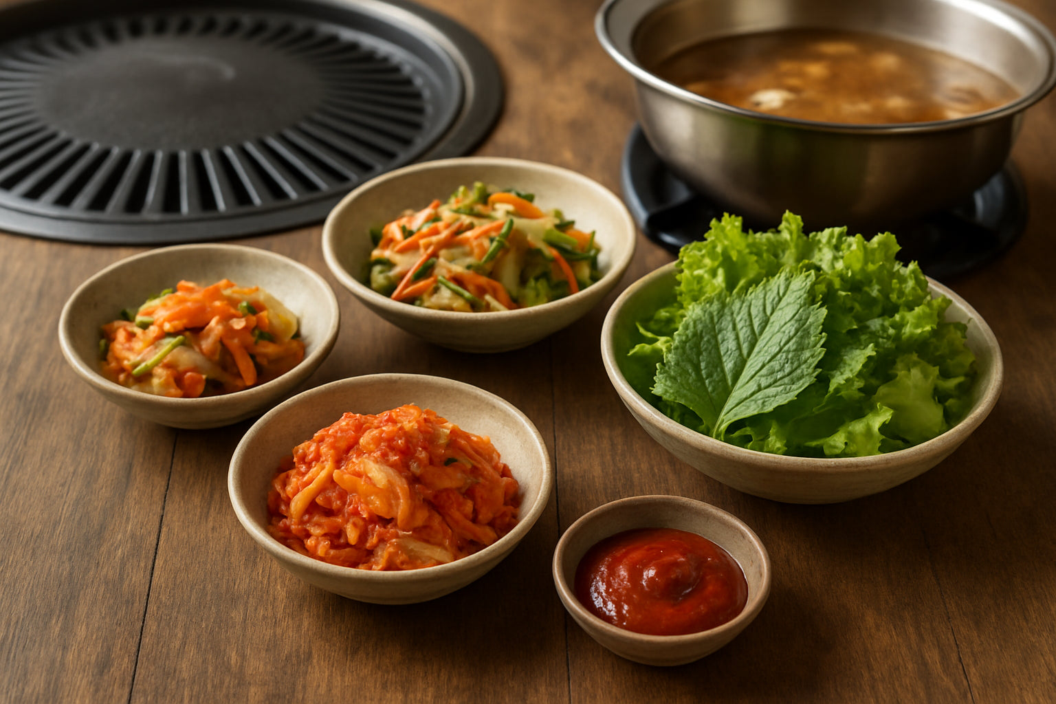 Koreanische Beilagen und Zutaten für Hot Pot und Grill auf einem Holztisch arrangiert