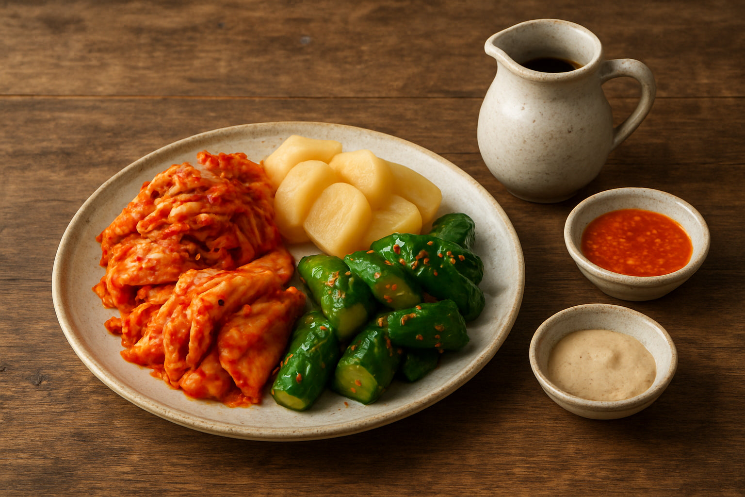 Koreanische Pickles auf einem Teller mit Sojasauce in einer natürlichen Küchenszene