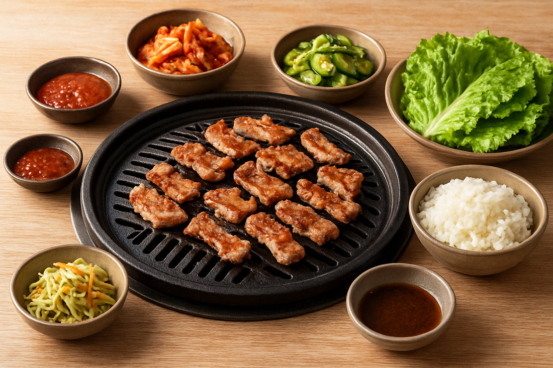 Koreanischer Grilltisch mit gegrilltem Fleisch und authentischen koreanischen Beilagen in kleinen Schalen
