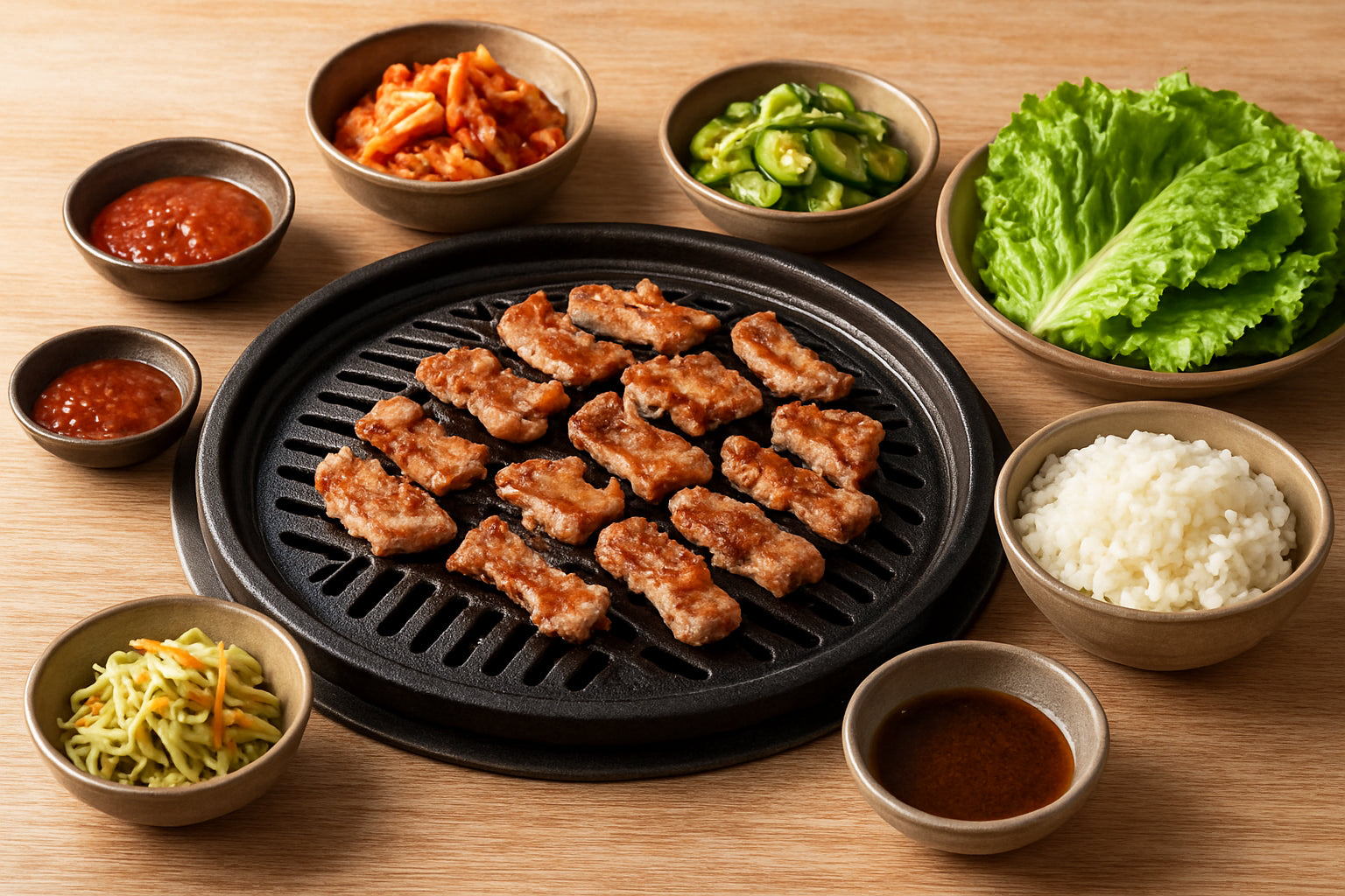 Koreanischer Grilltisch mit gegrilltem Fleisch und authentischen koreanischen Beilagen in kleinen Schalen