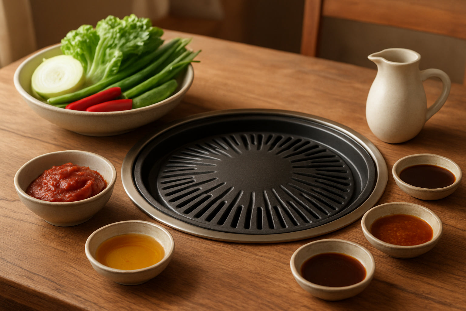 Koreanisches Grill-Setup mit Gochujang, Sesamöl und frischem Gemüse in einer einladenden Küchenszene