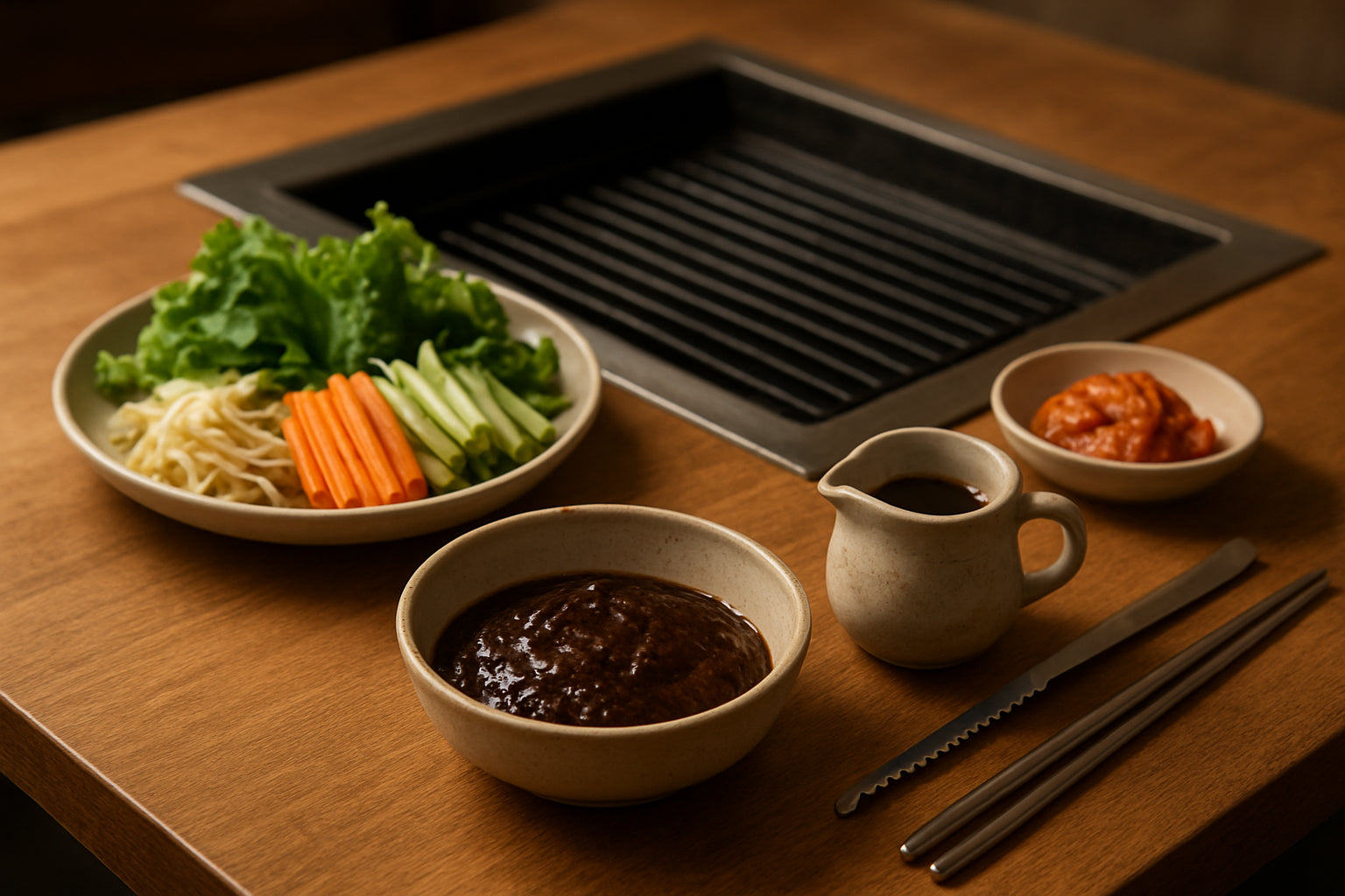 Koreanischer Grilltisch mit traditionellen Zutaten und Utensilien in einer gemütlichen Küche