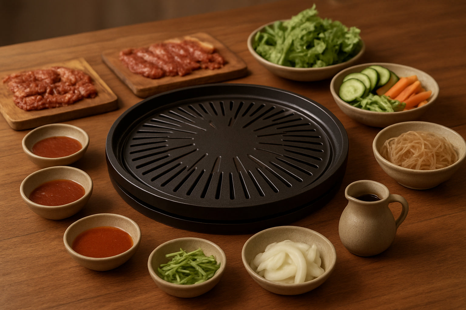 Koreanischer Tisch mit Grill, Soßen und frischen Zutaten in einer gemütlichen Küchenszene