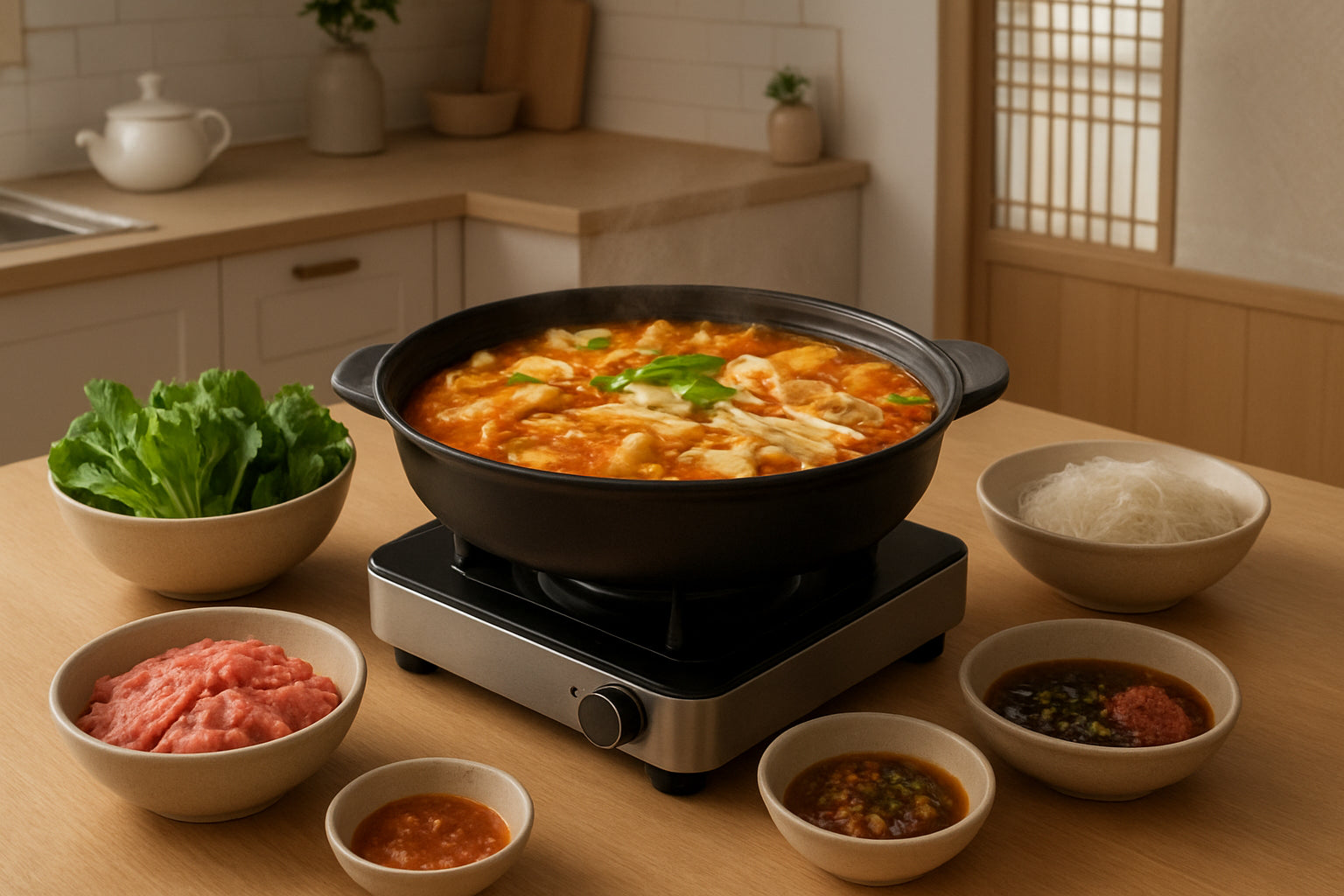 Koreanischer Hot Pot mit frischen Zutaten in gemütlicher Küchenszene