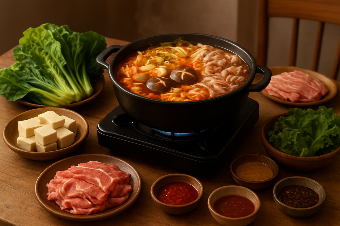 Koreanischer Hot Pot mit frischen Zutaten und Würzsaucen in einer gemütlichen Küchenszene
