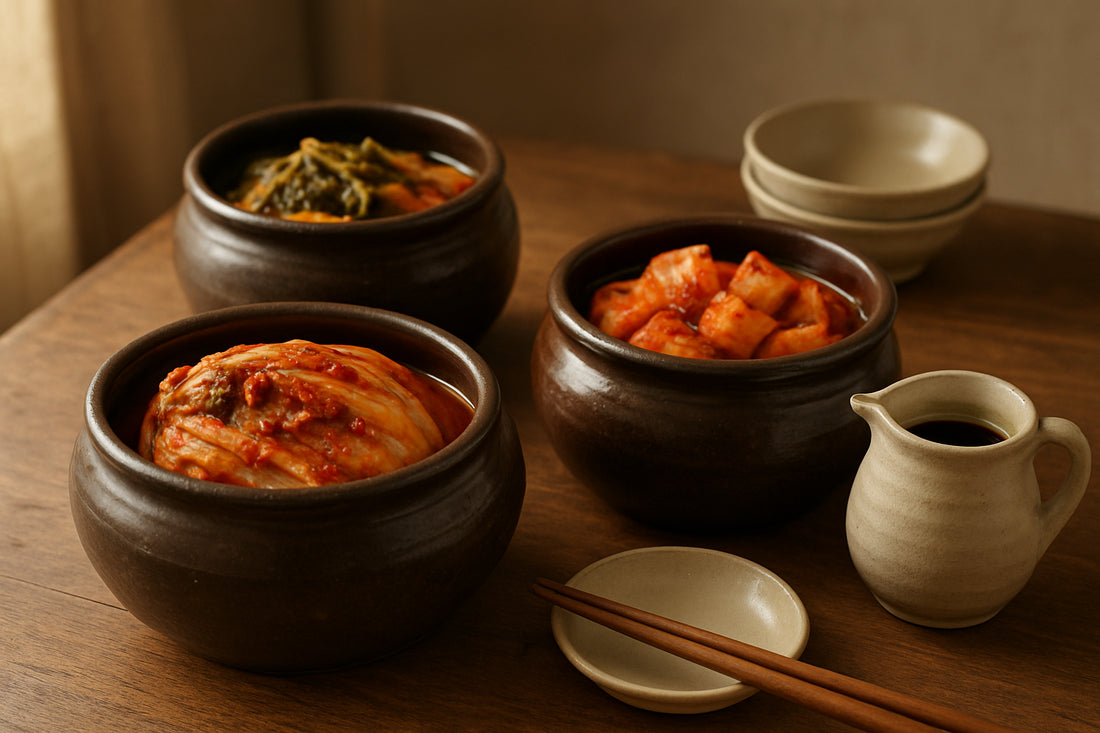 Traditionelle koreanische Fermentationsgefäße mit fermentiertem Gemüse und koreanischem Geschirr in natürlicher Küchenszene