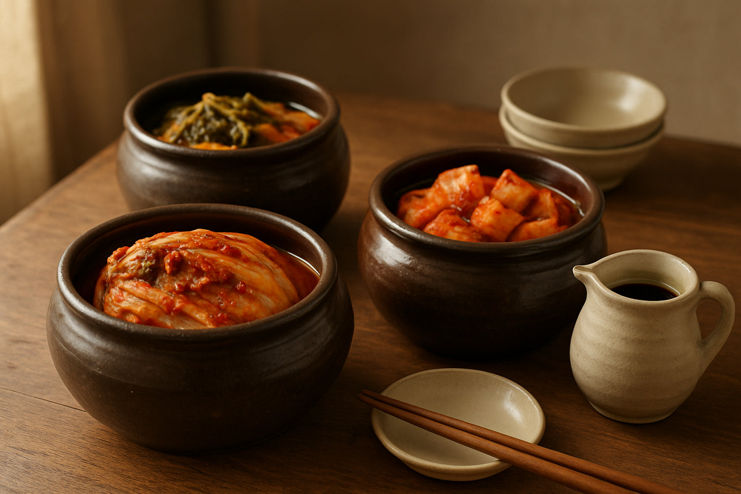 Traditionelle koreanische Fermentationsgefäße mit fermentiertem Gemüse und koreanischem Geschirr in natürlicher Küchenszene
