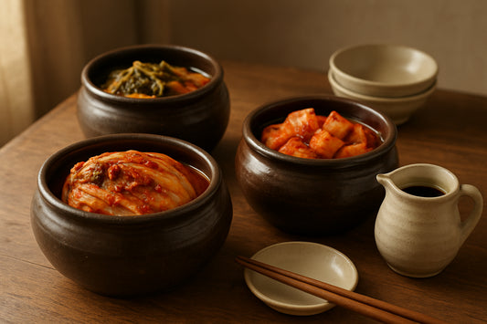 Traditionelle koreanische Fermentationsgefäße mit fermentiertem Gemüse und koreanischem Geschirr in natürlicher Küchenszene