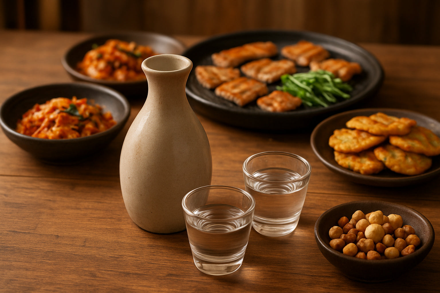 Koreanische Küche mit Keramikkaraffe Soju, Gläsern und Grillgerichten auf Holztisch