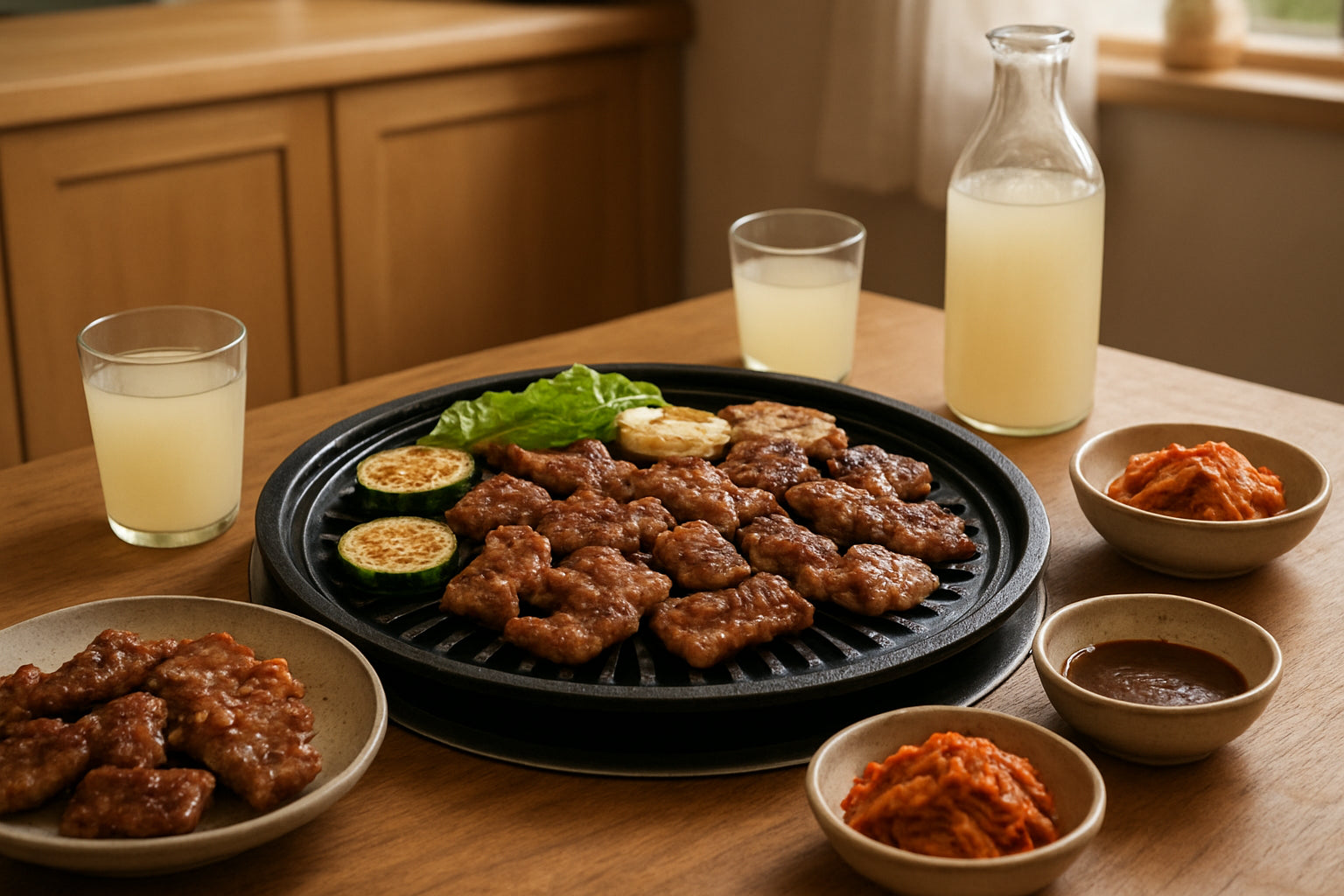 Koreanischer Grillabend mit gegrilltem Fleisch, Gemüse und traditionellen Getränken in einer gemütlichen Küchenszene