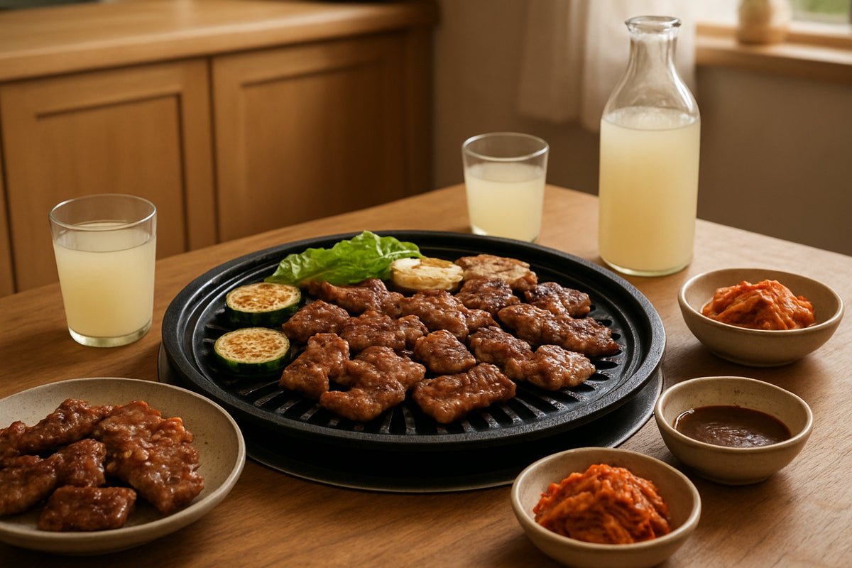 Koreanischer Grillabend mit gegrilltem Fleisch, Gemüse und traditionellen Getränken in einer gemütlichen Küchenszene