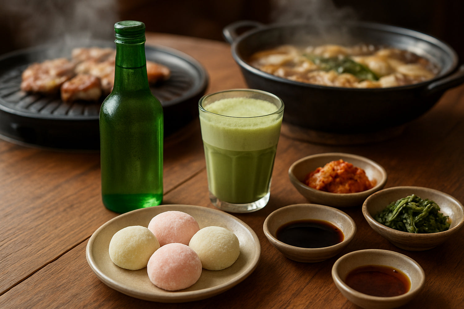 Koreanischer Grill- und Hot Pot-Abend mit Soju, Matcha Latte und Mochis auf einem Holztisch in einer gemütlichen Atmosphäre