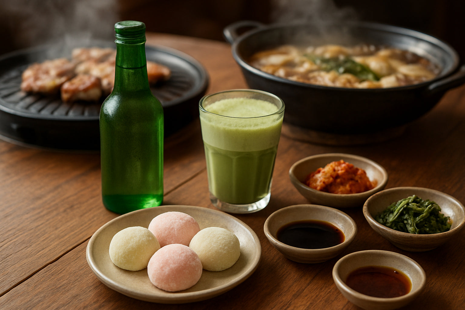 Koreanischer Grill- und Hot Pot-Abend mit Soju, Matcha Latte und Mochis auf einem Holztisch in einer gemütlichen Atmosphäre