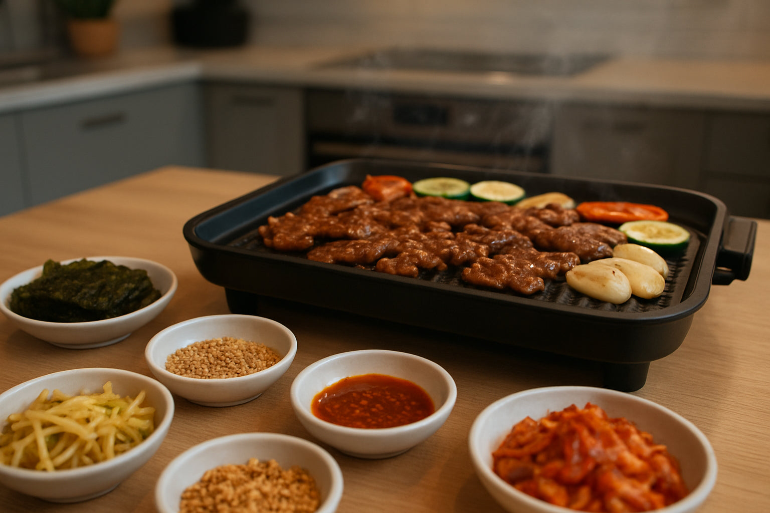 Koreanischer Grillabend mit asiatischen Snacks und Grillgut auf einem gedeckten Tisch in einer modernen Küche