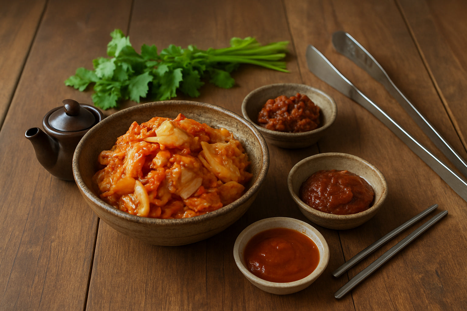 Fermentierte koreanische Zutaten in Schälchen auf einem Holztisch mit Grillutensilien