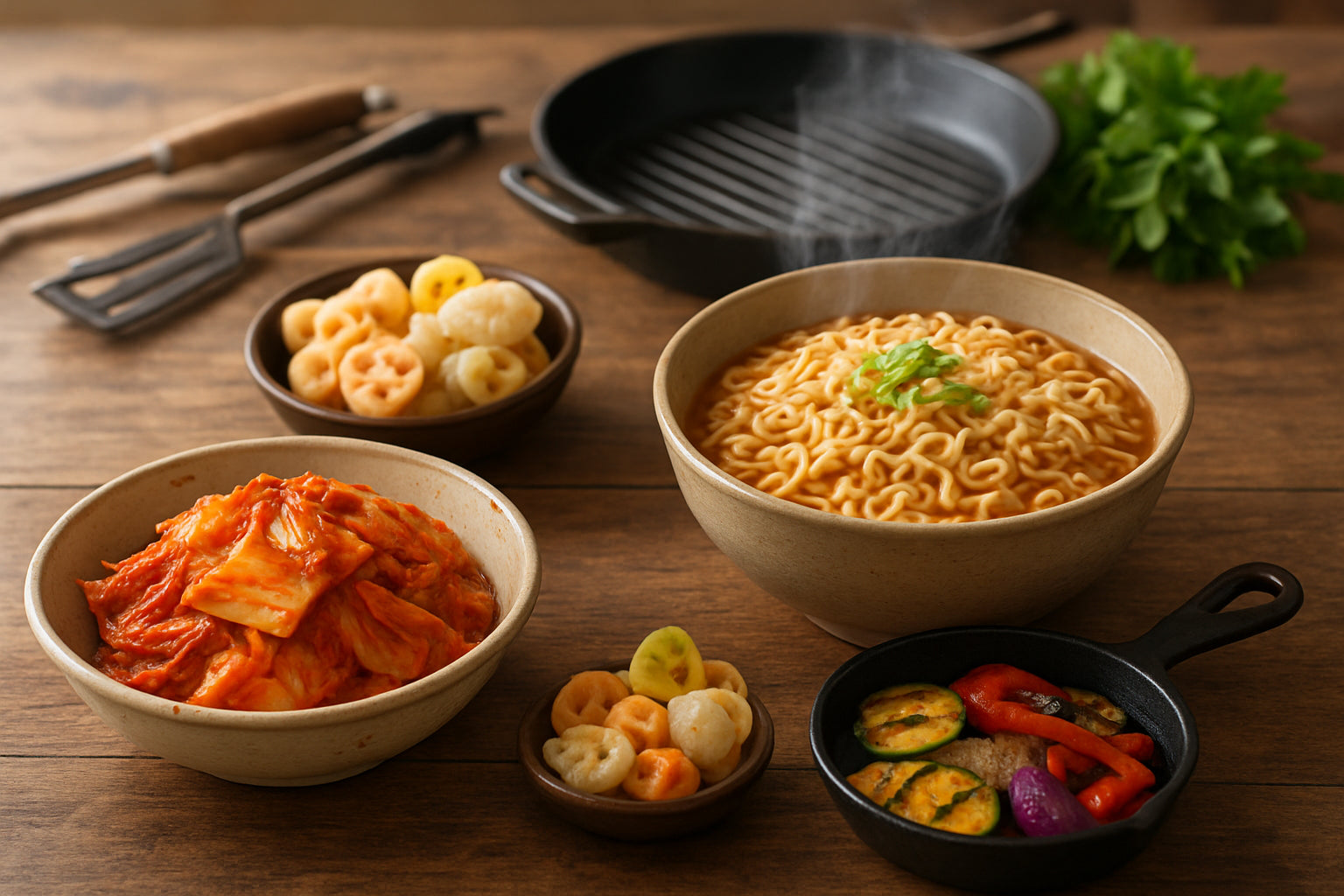 Frisch zubereitete koreanische Kimchi-Schale mit Instant-Nudeln und asiatischen Snacks auf einem Holztisch in einer modernen Küche