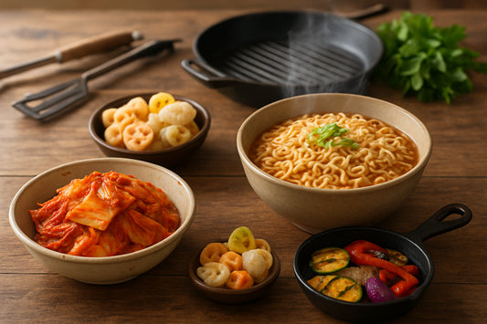 Frisch zubereitete koreanische Kimchi-Schale mit Instant-Nudeln und asiatischen Snacks auf einem Holztisch in einer modernen Küche