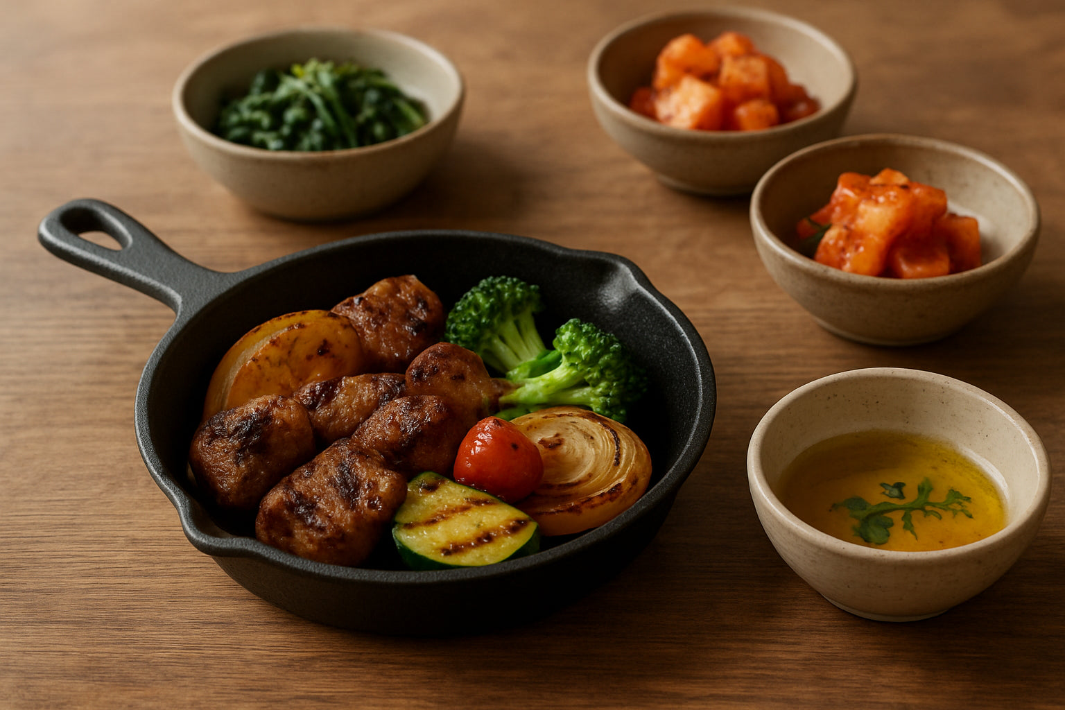Koreanisches Grillgericht mit Sesamöl und traditionellen Beilagen auf einem Holztisch in natürlicher Küchenszene