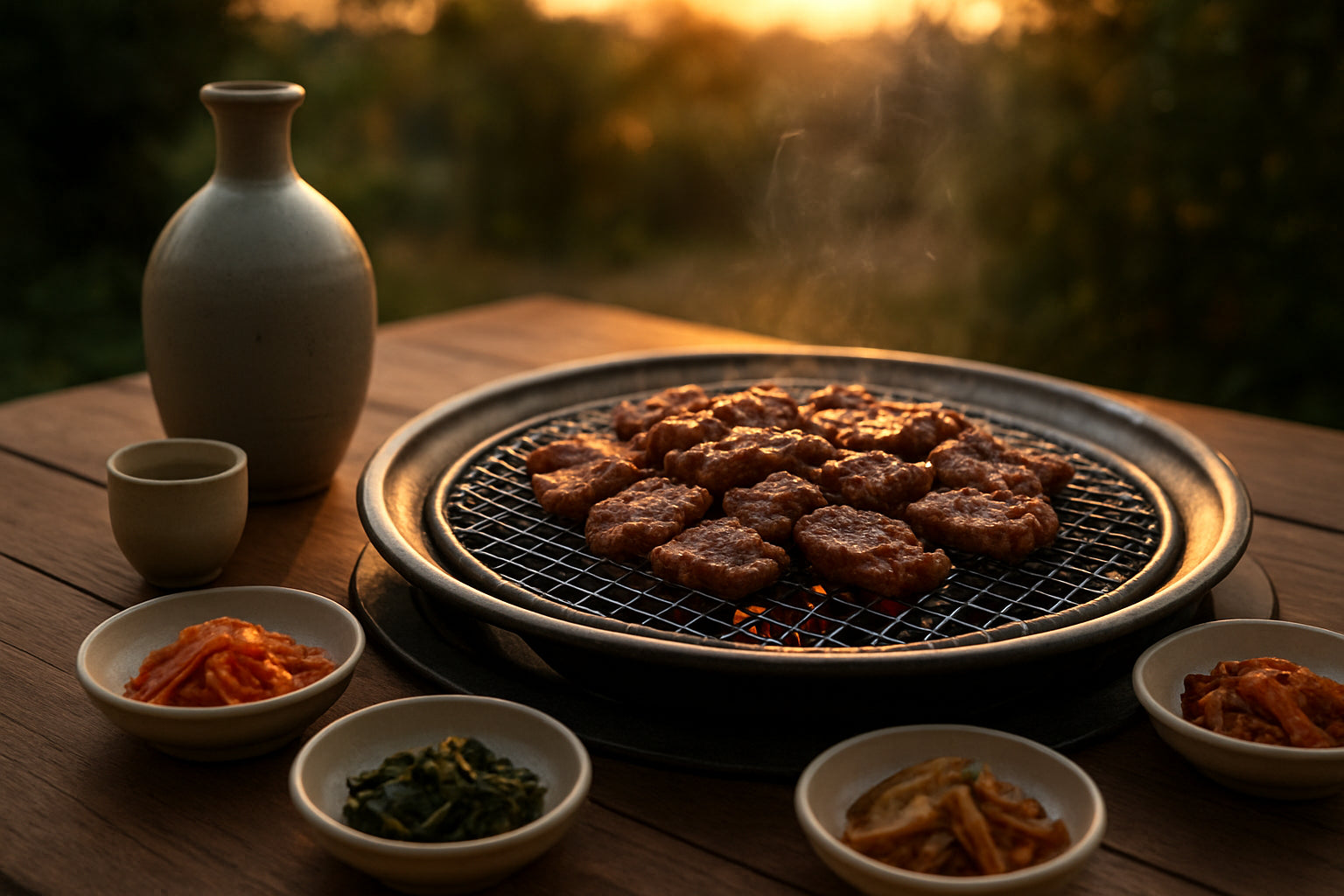 Koreanischer Grillabend mit Soju und Beilagen in natürlicher Atmosphäre