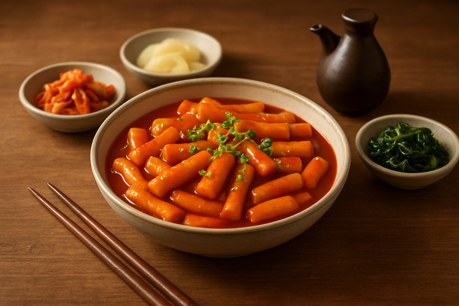 Frisch zubereitetes Tteokbokki mit asiatischen Beilagen in einer gemütlichen Küchenszene