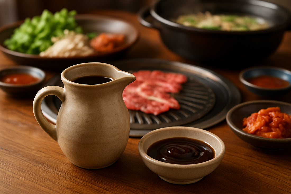Koreanische Grill- und Hot Pot-Tafel mit Sojasoße und Austernsoße in Keramikgefäßen, umgeben von Soßentellern und Grillzutaten.