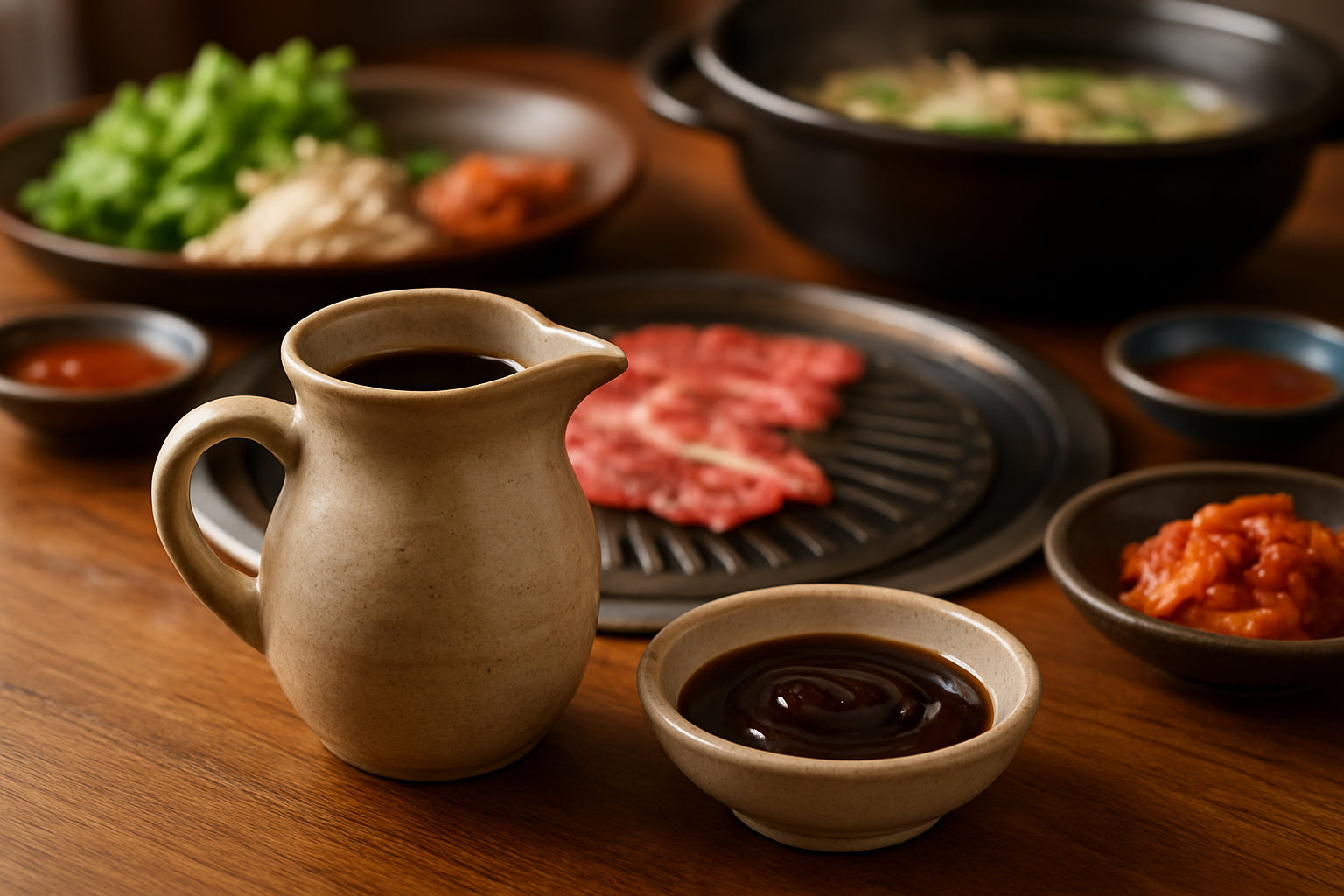Koreanische Grill- und Hot Pot-Tafel mit Sojasoße und Austernsoße in Keramikgefäßen, umgeben von Soßentellern und Grillzutaten.