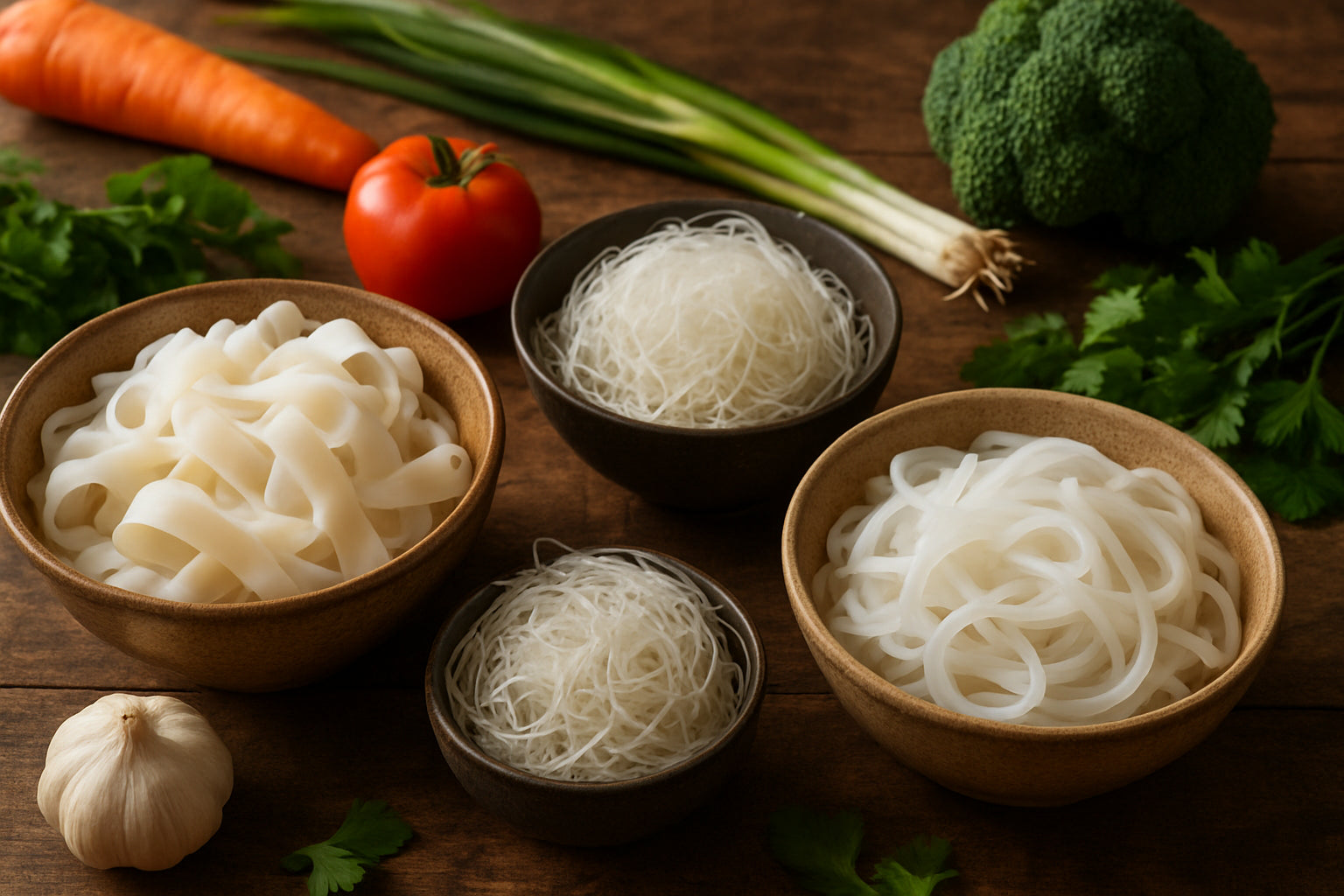 Verschiedene asiatische Reisnudeln in Schüsseln auf einem Holztisch mit frischem Gemüse und Kräutern in einer natürlichen Küchenszene