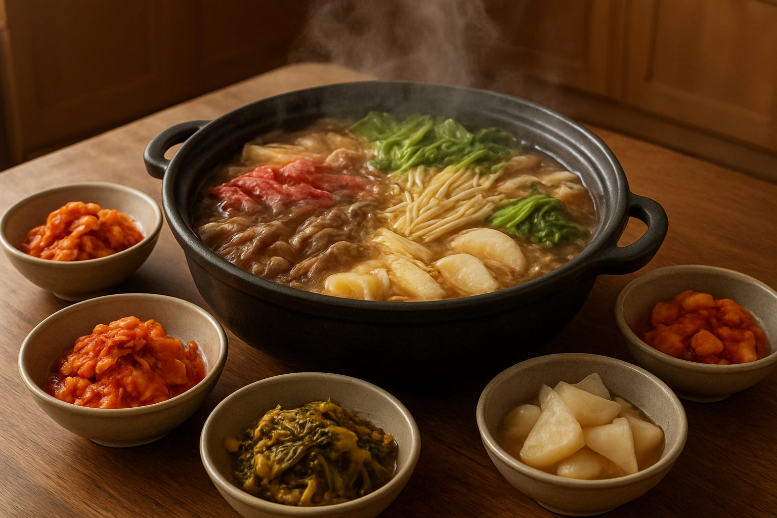 Koreanischer Hot Pot mit fermentierten Gemüsesorten in Schalen auf Holztisch in Küche