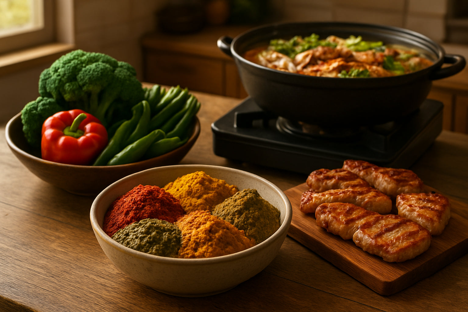 Koreanische Currypasten in Schalen mit frischem Grillgemüse und Hot Pot in moderner Küche