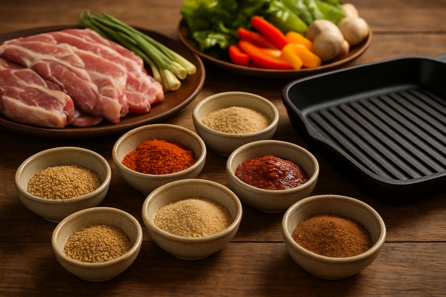 Koreanische Grillgewürze und frische Zutaten arrangiert auf einem Holztisch in einer gemütlichen Küche