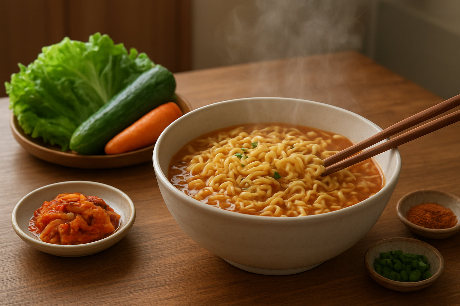 Schale mit koreanischen Instant-Nudeln, frischem Gemüse und Gewürzen auf einem Holztisch in einer heimischen Küche