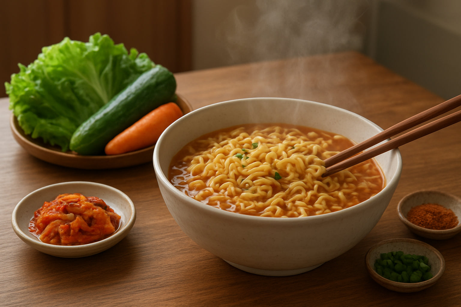 Schale mit koreanischen Instant-Nudeln, frischem Gemüse und Gewürzen auf einem Holztisch in einer heimischen Küche