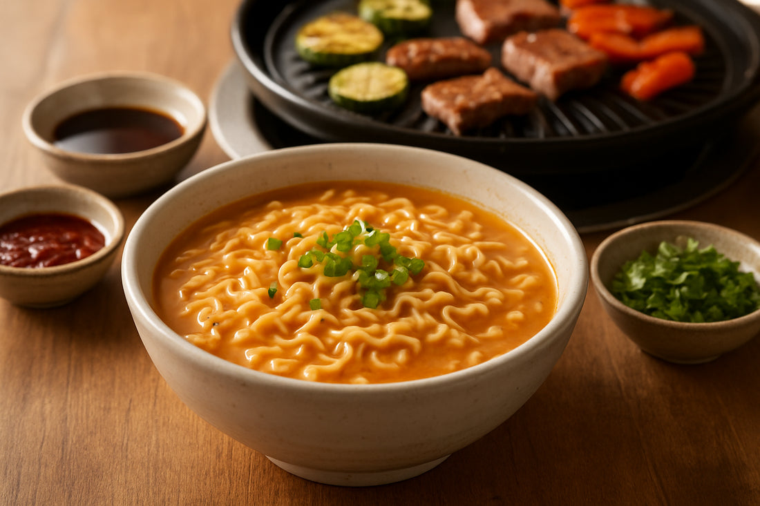 Koreanische Instantnudeln serviert mit koreanischen Soßen und Grillgut in einer gemütlichen Küchenszene