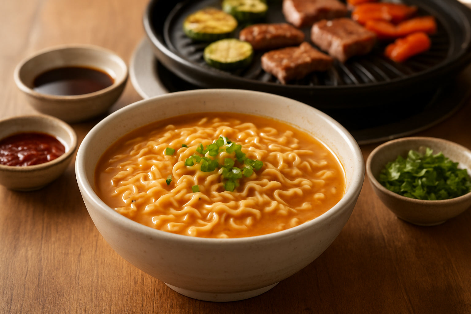 Koreanische Instantnudeln serviert mit koreanischen Soßen und Grillgut in einer gemütlichen Küchenszene